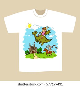 T-shirt Print Design Princess on Dragon Vector Illustration