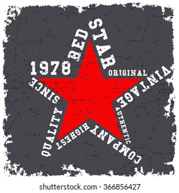  T-shirt print design. Red star vintage poster. Vector illustration.