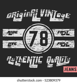 T-shirt print design. Ride fast vintage stamp. Printing and badge applique label t-shirts, jeans, casual wear. Vector illustration.
