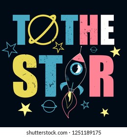T-shirt print design. Rocket launch vintage stamp. Printing and badge applique label t-shirts, jeans, casual wear. Vector illustration.