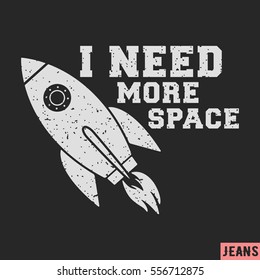 T-shirt print design. Rocket launch vintage stamp. Printing and badge applique label t-shirts, jeans, casual wear. Vector illustration.