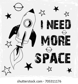 T-shirt print design. Rocket launch vintage stamp. Printing and badge applique label t-shirts, jeans, casual wear. Vector illustration.