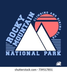 T-shirt print design. Rocky mountain vintage stamp. Printing and badge applique label t-shirts, jeans, casual wear. Vector illustration.