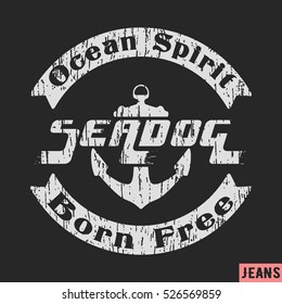 T-shirt print design. Sea dog vintage stamp. Printing and badge applique label t-shirts, jeans, casual wear. Vector illustration