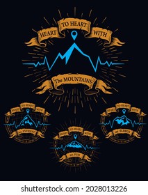 T-shirt print design. Set of outdoor adventure stamp. Heart beats with mountains. vector illustration for printng, labels, t-shirts, apparels