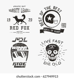 T-shirt print design. Set of various vintage stamp. Printing and badge applique label t-shirts, jeans, casual wear. Vector illustration.