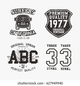 T-shirt print design. Set of various vintage stamp. Printing and badge applique label t-shirts, jeans, casual wear. Vector illustration.