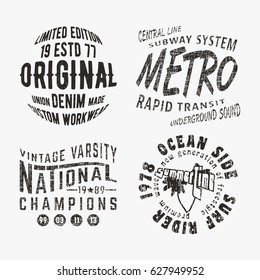 T-shirt print design. Set of various vintage stamp. Printing and badge applique label t-shirts, jeans, casual wear. Vector illustration.