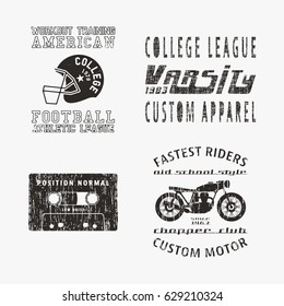 T-shirt print design. Set of various vintage stamp. Printing and badge applique label t-shirts, jeans, casual wear. Vector illustration.