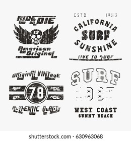 T-shirt print design. Set of various vintage stamp. Printing and badge applique label t-shirts, jeans, casual wear. Vector illustration.