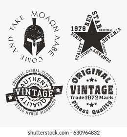 T-shirt print design. Set of various vintage stamp. Printing and badge applique label t-shirts, jeans, casual wear. Vector illustration.