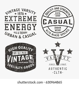 T-shirt print design. Set of various vintage stamp. Printing and badge applique label t-shirts, jeans, casual wear. Vector illustration.