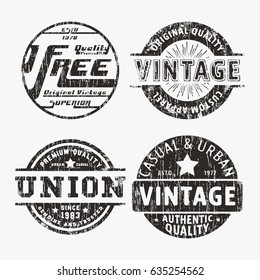 T-shirt print design. Set of various vintage stamp. Printing and badge applique label t-shirts, jeans, casual wear. Vector illustration.