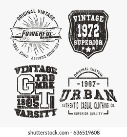 T-shirt print design. Set of various vintage stamp. Printing and badge applique label t-shirts, jeans, casual wear. Vector illustration.