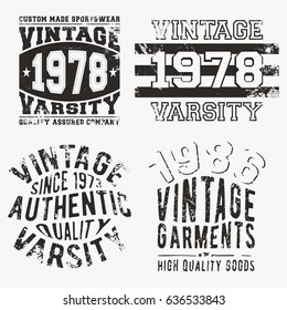 T-shirt print design. Set of various vintage stamp. Printing and badge applique label t-shirts, jeans, casual wear. Vector illustration.