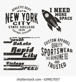 T-shirt print design. Set of various vintage stamp. Printing and badge applique label t-shirts, jeans, casual wear. Vector illustration.