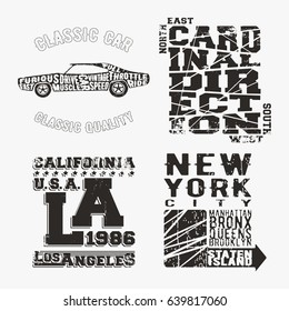 T-shirt print design. Set of various vintage stamp. Printing and badge applique label t-shirts, jeans, casual wear. Vector illustration.