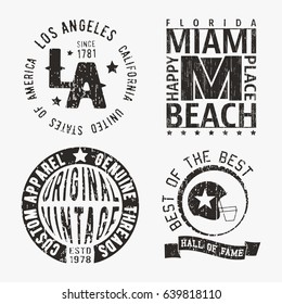 T-shirt print design. Set of various vintage stamp. Printing and badge applique label t-shirts, jeans, casual wear. Vector illustration.