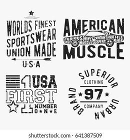 T-shirt print design. Set of various vintage stamp. Printing and badge applique label t-shirts, jeans, casual wear. Vector illustration.