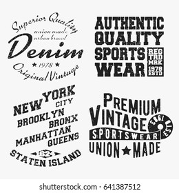 T-shirt print design. Set of various vintage stamp. Printing and badge applique label t-shirts, jeans, casual wear. Vector illustration.