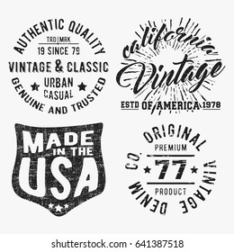 T-shirt print design. Set of various vintage stamp. Printing and badge applique label t-shirts, jeans, casual wear. Vector illustration.