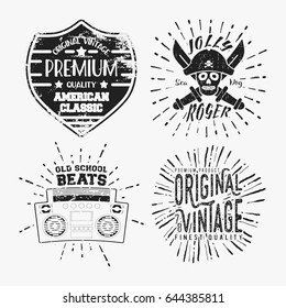 T-shirt print design. Set of various vintage stamp. Printing and badge applique label t-shirts, jeans, casual wear. Vector illustration.
