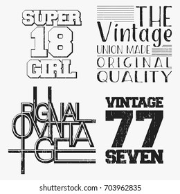 T-shirt print design. Set of various vintage t shirt stamp. Printing and badge applique label t-shirts, jeans, casual wear. Vector illustration.