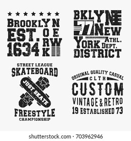 T-shirt print design. Set of various vintage t shirt stamp. Printing and badge applique label t-shirts, jeans, casual wear. Vector illustration.