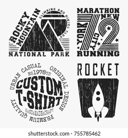 T-shirt print design. Set of various vintage t shirt stamp. Printing and badge applique label t-shirts, jeans, casual wear. Vector illustration.