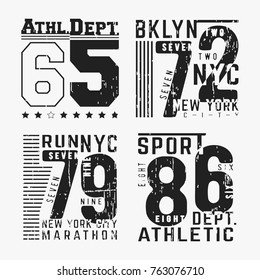 T-shirt print design. Set of various vintage t shirt stamp. Printing and badge applique label t-shirts, jeans, casual wear. Vector illustration.
