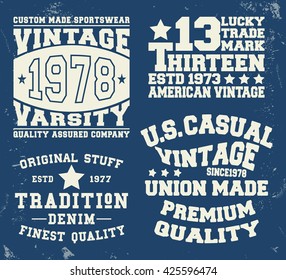 T-shirt print design. Set vintage stamp. Printing and badge applique label t-shirts, jeans, casual wear. Vector illustration.