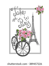 Diseño impreso de camisetas con letrero LLEVEN A PARÍS. Torre Eiffel dibujada a mano, bicicleta retro y rosas.