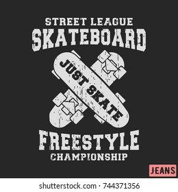 T-shirt print design. Skateboard freestyle stamp for denim, t shirt. Printing and badge, applique, label, t-shirts, jeans, casual and urban wear. Vector illustration.