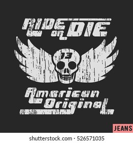 T-shirt print design. Skull with wings vintage stamp. Printing and badge applique label t-shirts, jeans, casual wear. Vector illustration