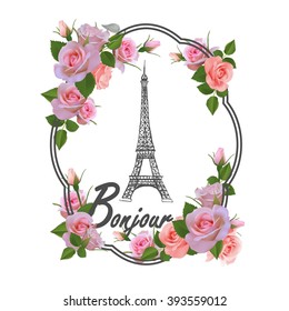 T-shirt print design with slogan Hello. Hand drawn Eiffel tower, frame and pink roses.Paris and flowers