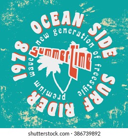 T-shirt print design. Surf rider vintage stamp. Printing and badge applique label t-shirts, jeans, casual wear. Vector illustration.