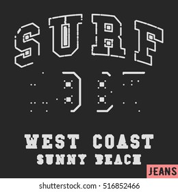 T-shirt print design. Surf vintage stamp. Printing and badge applique label t-shirts, jeans, casual wear. Vector illustration.
