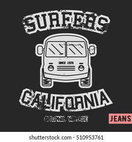 T-shirt print design. Surfer bus vintage stamp. Printing and badge applique label t-shirts, jeans, casual wear. Vector illustration.