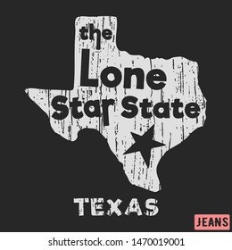 T-shirt Print Design. Texas - The Lone Star State Vintage Stamp. Printing And Badge, Applique, Label, Tag T Shirts, Jeans, Casual And Urban Wear. Vector Illustration.