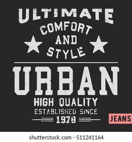 T-shirt print design. Urban vintage stamp. Printing and badge applique label t-shirts, jeans, casual wear. Vector illustration.