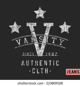 T-shirt print design. Varsity stars vintage stamp. Printing and badge applique label t-shirts, jeans, casual wear. Vector illustration.