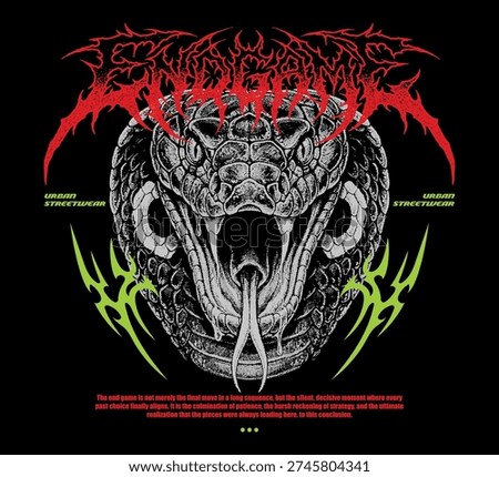 T-shirt print design vector illustration of bold urban streetwear tee featuring a menacing viper and edgy metal typography