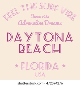 T-shirt print design vector. Surfing typography tshirt project. Daytona Beach, Florida.