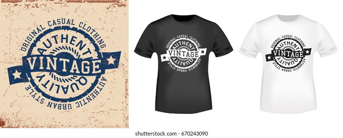 T-shirt print design. Vintage stamp and t shirt mockup . Printing and badge applique label t-shirts, jeans, casual wear. Vector illustration.