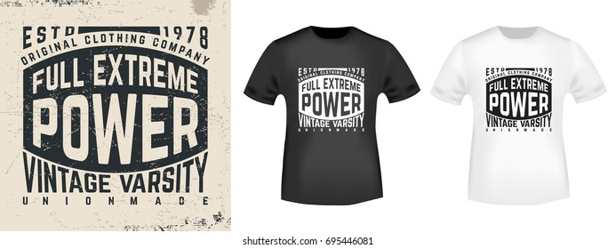 T-shirt print design. Vintage stamp and t shirt mockup. Printing and badge applique label t-shirts, jeans, casual wear. Vector illustration.