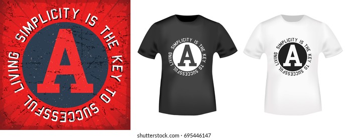 T-shirt print design. Vintage stamp and t shirt mockup. Printing and badge applique label t-shirts, jeans, casual wear. Vector illustration.