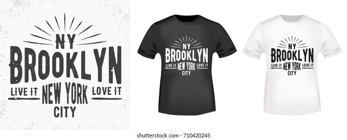 T-shirt print design. Vintage stamp and t shirt mockup. Printing and badge applique label t-shirts, jeans, casual wear. Vector illustration.