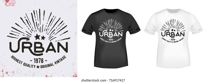 T-shirt print design. Vintage stamp and t shirt mockup. Printing and badge applique label t-shirts, jeans, casual wear. Vector illustration.