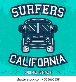 T-shirt print design. Vintage surfing bus poster. Vector illustration.