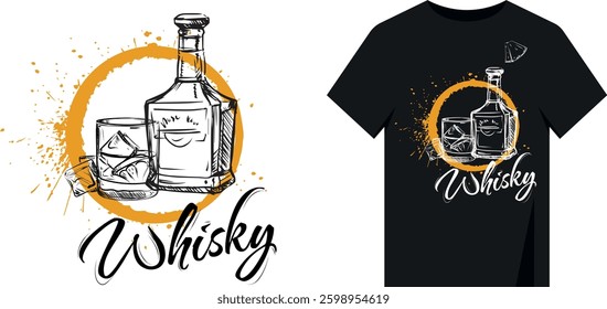 T-shirt print design whiskey bottle glass hand drawn. Vector design alcohol realistic effect brush strokes splashes